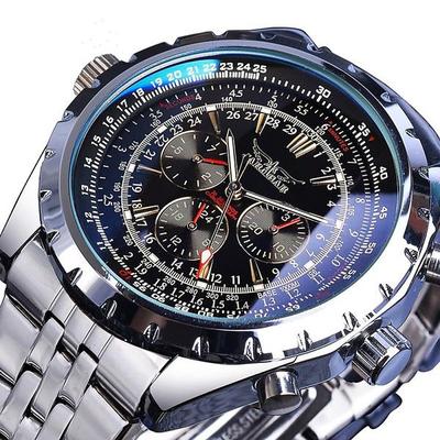 JARAGAR Mechanical Watch for Men Aviator Series Military True Men Sport Automatic Watch Luxury Stainless Steel Mechanical Male Clock Hour Luminous Wristwatch Blue Glass