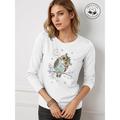 100% Cotton Owls Print Women's Casual Daily T shirt Long Sleeve Crew Neck T shirt