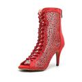 Women's Latin Shoes Jazz Shoes Dance Boots Tango Shoes Party Performance Practice Boots Crystal / Rhinestone Lace-up Mesh Slim High Heel Buckle Black Red