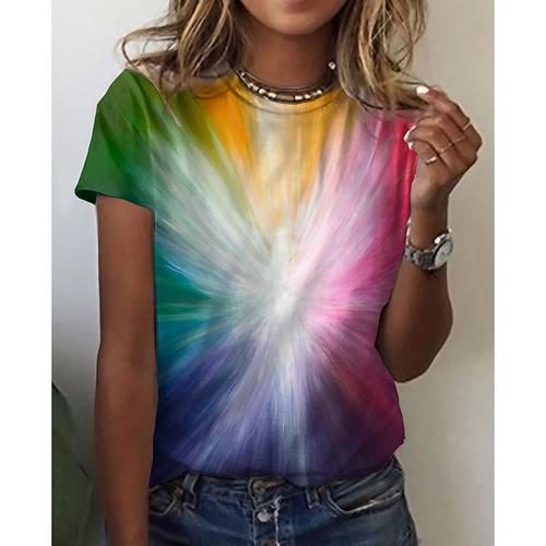Women's T Shirt Basic Color Block Print Short Sleeve Regular Tops Round Neck Daily Weekend Yellow Red Blue Green Rainbow