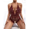 Women's Sexy Bodies Teddies Bodysuits 1 pc Flower Hot Soft Bed Valentine's Day Spandex Halter Neck Lace Jacquard Spring Summer Black Wine / Not Specified / Super Sexy