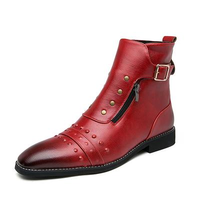 Men's Red Faux Leather Ankle Boots – Vintage-Style Zip-Up with Studded Details, Perfect for Motorcycle and Casual Fashion