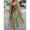 Women's Two Piece Dress Set Casual Dress Chiffon Dress Swing Dress Outdoor Office Fashion Streetwear Print Long Dress Maxi Dress V Neck Long Sleeve Floral Regular Fit Blue Purple Green Spring S M L