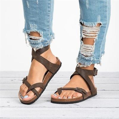 Women's Brown Strappy Flat Sandals – Comfortable Cork Sole with Adjustable Buckle, Casual Summer Beach Footwear