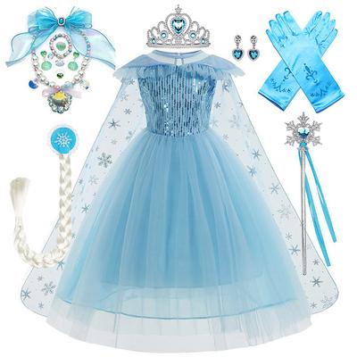 Frozen Fairytale Princess Elsa Flower Girl Dress Theme Party Costume Tulle Dresses Girls' Movie Cosplay Halloween Blue With Accessories Dress Carnival Masquerade Cotton World Book Day Costumes