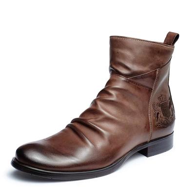 Men's Brown Faux Leather Ankle Boots with Embossed Crest, Classic Vintage Style for Formal and Casual Occasions