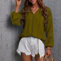 Shirt Lace Shirt Blouse Eyelet top Women's White Wine Army Green Solid Color Lace up Lace Street Daily Fashion V Neck S