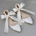 Wedding Shoes for Bride Bridesmaid Women Closed Toe Pointed Toe Ivory Blue Burgundy Pink Satin Flats with Ribbon Tie Bow Bowknot Flat Heel Wedding Party Valentine's Day Elegant Comfort