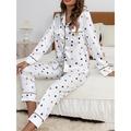 Women's Satin Silk Pajamas Sets Leopard Heart Casual Comfort Soft Home Daily Bed Satin Breathable Lapel Long Sleeve Shirt Pant Summer Spring White Yellow