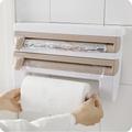 Multi-Functional Plastic Wrap Cutter Wall-Mounted Kitchen Paper Towel Rack Sliding Knife Tin Foil Partition Box Storage Rack