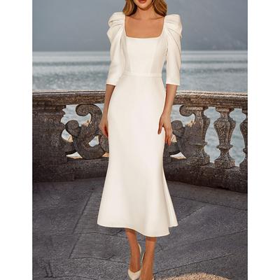 TS Beach Wedding Bridal Shower Vintage Little White Dresses Simple Wedding Dresses Sheath Square Half Sleeve Tea Length Satin Bridal Gowns With Solid Color 2025