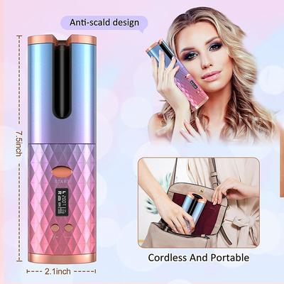 Cordless Auto Hair Curler Automatic Curling Iron with LCD Display Adjustable Temperature Timer Portable Rechargeable Rotating Ceramic Barrel Curling Wand Fast Heating for Hair Styling