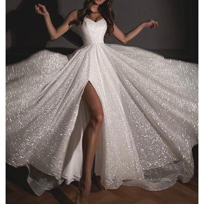A-Line Prom Dresses Glittering Dress Wedding Guest Wedding Party Sweep / Brush Train Sleeveless Spaghetti Strap Fall Wedding Reception Tulle with Sequin Slit 2024