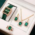 5pcs/set Women's Watch Vintage Square Pointer Quartz Watch Analog Green Wrist Watch Rhinestone Jewelry Set, Gift For Mom Her