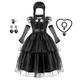 Girls Wednesday Addams Addams Family Dress Wig Accessories Cosplay Outfit Punk Gothic Ruffle Trim Layered Hem Mesh Dress Costume Dress Up Birthday Party Performance Necklace Ear Clip Fishnet Gloves
