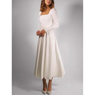 Simple Wedding Dresses A-Line Square Neck Long Sleeve Tea Length Stretch Fabric Bridal Gowns With Pleats Solid Color 2024