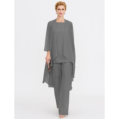 Beach Wedding Jumpsuit/Pantsuit 3 Piece Mother of the Bride Wedding Guest Elegant Plus Size Included Bateau Neck Floor Length Chiffon Sleeveless Jacket es with Solid Color 2025