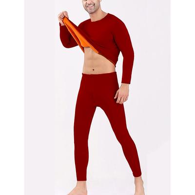 Men's Thermal Underwear Sleepwear Thermal Set 2 Pieces Plain Warm Fashion Casual Home Daily Bed Polyester Fleece Comfort Warm Soft Crew Neck Long Sleeve T shirt Tee Pant Fall Winter Black Red