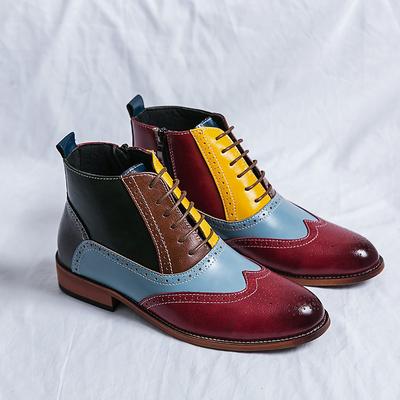 Men's Vintage Multicolor Faux Leather Brogue Ankle Boots - Retro Style Lace-Up Dress Shoes for Formal and Casual Occasions