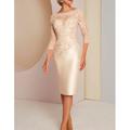 Sheath / Column Mother of the Bride Dress Wedding Guest Elegant Jewel Neck Knee Length Charmeuse 3/4 Length Sleeve with Appliques 2024