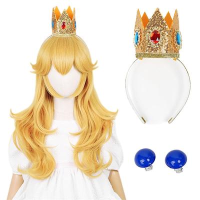 Golden Princess Wig with Earrings and Crown Blonde Long Wavy Peach Wig for Kids Cosplay Carnival Wigs