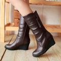 Women's Boots Plus Size Height Increasing Shoes Outdoor Daily Solid Color Fleece Lined Mid Calf Boots Winter Wedge Heel Hidden Heel Round Toe Vintage Plush Casual PU Zipper Black Brown
