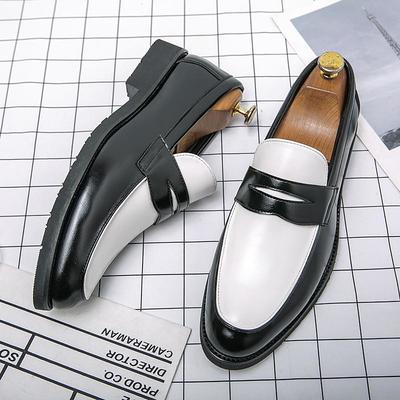 Men's Black and White Faux Leather Loafers – Classic Slip-On Dress Shoes for Formal and Casual Occasions