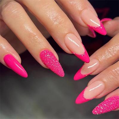 Hot Pink Press on Nails Short Medium Almond French Fake Nails for Women Girls with Design Glue on Nails Acrylic Stiletto False Nails Manicure Press on Nail Gel Stick on Nails for Wedding 24Pc