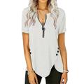 Women's Casual Short-Sleeved Top V-Neck Zipper Solid Color Button T-shirt Blouse