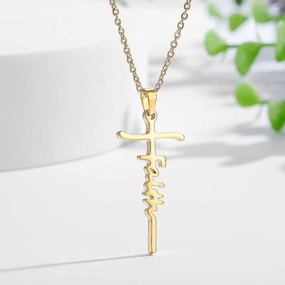 Women's Necklace Faith Cross Jesus Stainless Steel Pendant Necklace Gold Silver Cross Necklace for Dainty Women Letters Decoration Jewelry Faith Grace Love