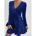 Women's Black Dress Velvet Dress Sequin Dress A-Line Mini Dress Black Red Royal Blue Long Sleeve Plain Christmas Fall Winter Autumn V Neck Fashion Winter Dress Fall Dress Slim Black Cocktail Dress