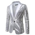 Male Blazer Party / Cocktail Bar Reflective Logo Sequin All Seasons Sequin Traditional / Classic Lapel Regular Silver White Dark Navy Green Rainbow Jacket