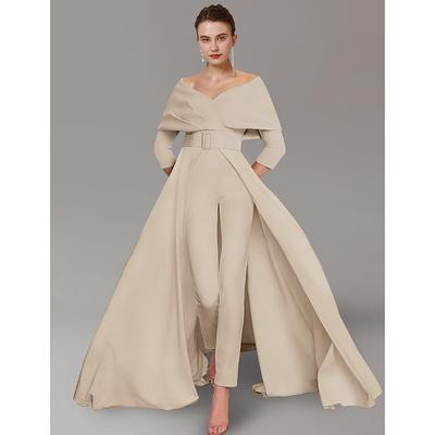 Two Piece Jumpsuit / Pantsuit Mother of the Bride Formal Wedding Guest Elegant Party Scoop Neck Off Shoulder Ankle Length Stretch Fabric 3/4 Length Sleeve with Sash / Ribbon 2025