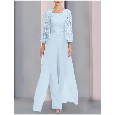 Jumpsuit / Pantsuit Mother of the Bride Formal Wedding Guest Elegant Wrap Included Square Neck Floor Length Chiffon Lace Sleeveless Wrap Included with Appliques 2025