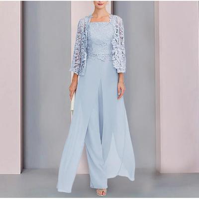 Jumpsuit / Pantsuit Mother of the Bride Dress Formal Wedding Guest Elegant Wrap Included Square Neck Floor Length Chiffon Lace Sleeveless Wrap Included with Appliques 2024