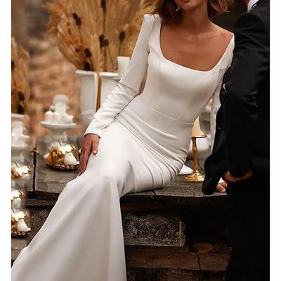 Beach Wedding Reception Open Back Royal Style Simple Wedding Dresses Mermaid/Trumpet Square Neck Long Sleeve Court Train Satin Bridal Gowns With Solid Color Summer and Fall Wedding Party dress 2025