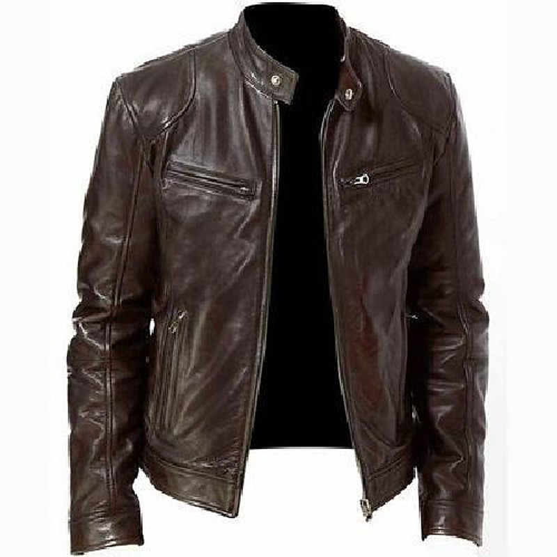 Men's Faux Leather Jacket Transition Jacket Jacket Biker Jacket Daily Wear to work Thermal Warm Rain Waterproof Fall Solid Color Stand Collar Regular Black Brown Jacket