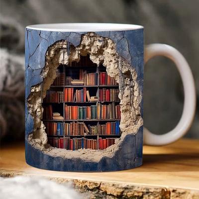 3D Bookshelf Mug, Ceramic Mug,Library Bookshelves Hole In A Wall Mug,Book Lovers Coffee Mug, Cool Bookish Gifts for Readers Christmas Xmas Gift