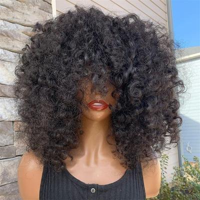 Remy Human Hair Wig Curly With Bangs Natural Black Capless Brazilian Hair Women's Natural Black #1B 8 inch 10 inch 12 inch Vacation Party / Evening Daily Wear