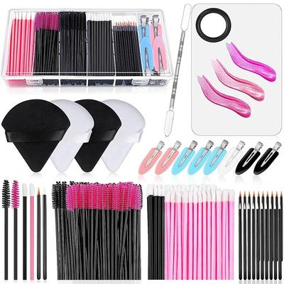 Disposable Makeup Applicators Accessories Kit Makeup Artist Supplies with Mixing Tray Mascara Wands, Lip Brushes, Hair Clips Triangle Puff for Face with Storage Box