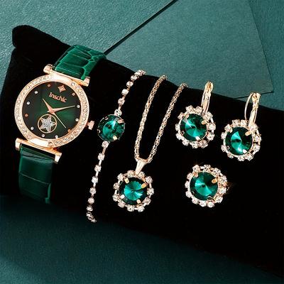 6pcs/set Women's Watch Luxury Rhinestone Quartz Watch Vintage Star Analog Wrist Watch Jewelry Set Gift For Mom Her