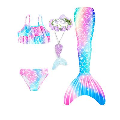 Kids Girls' Five Piece Swimwear Beach Rainbow Cute Monofin Bathing Suits 3-10 Years Summer Light Blue Colorful Purple / Blue