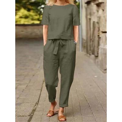 Women's Loungewear Sets Fashion Simple Casual Pure Color Pocket T Shirt Pant Street Date Airport Half Sleeve Crew Neck Army Green Orange Khaki Dark Blue Summer Spring