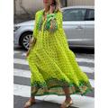 Women's Caftan Dress Long Dress Maxi Dress Casual Dress Swing Dress Print Dress Geometric Fashion Modern Outdoor Daily Holiday Button Print 3/4 Length Sleeve Stand Collar Dress Loose Fit Yellow