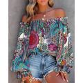 Women's Shirt Boho Shirt Lace Shirt Going Out Tops Floral Graphic Casual Holiday Lace up Ruffle Print Lantern Sleeve Red Long Sleeve Elegant Fashion Basic Off Shoulder Spring Fall