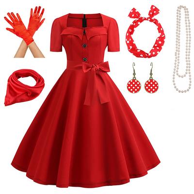 Women's A-Line Rockabilly Dress Polka Dots Swing Dress Flare Dress with Accessories Set 1950s 60s Retro Vintage with Headband Chiffon Scarf Earrings Pearl Necklace Gloves