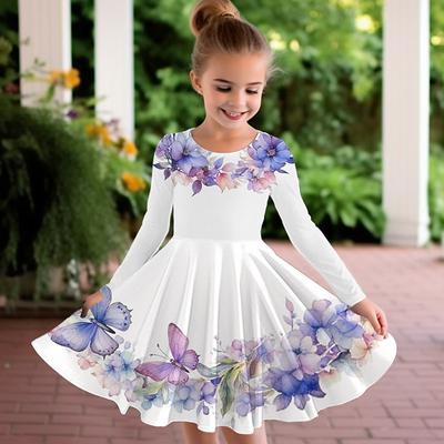 Girls' 3D Floral Graphic Butterfly Dress Long Sleeve 3D Print Summer Fall Vacation Sports Outdoor Daily Cute Casual Beautiful Kids 3-12 Years Casual Dress A Line Dress Above Knee Regular Fit