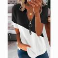 Women's Summer Contrast Printing V-neck Zipper Short-sleeved Shirt T-shirt Top