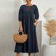 Women's Black Dress Casual Dress Tunic Dress Midi Dress Linen Ruched Pocket Daily Crew Neck 3/4 Length Sleeve Summer Spring Dark Green Dark Blue Pure Color