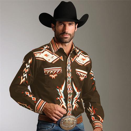 Men's Geometry Western Shirt Cowboy Shirt Long Sleeve Vintage Western Style Daily Wear Going out Weekend Spring Turndown Pocket Print Button-Down Black Navy Blue Brown Green